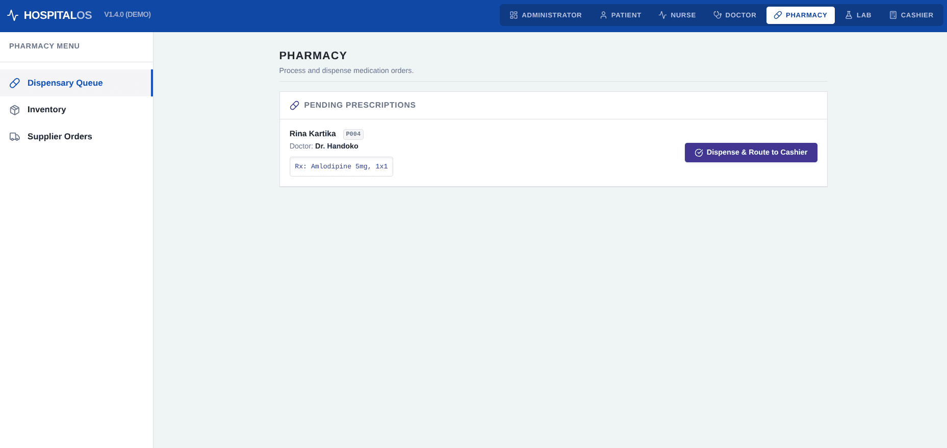 Hospital OS pharmacy screen